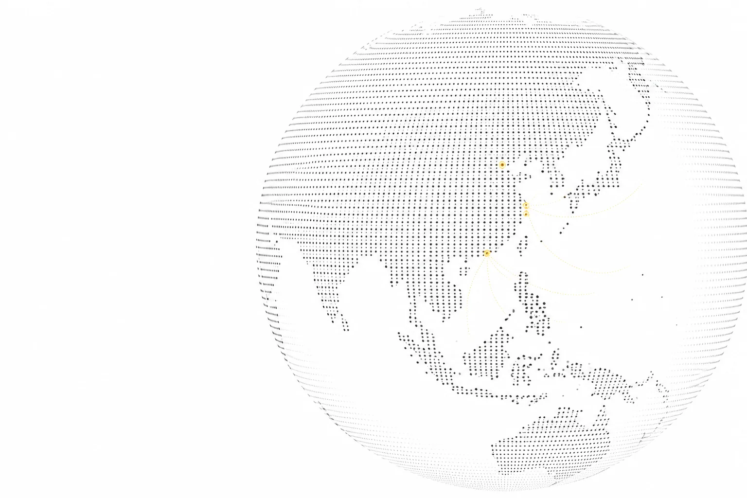 以东亚为中心的点阵地球，标记北京、上海、杭州与香港